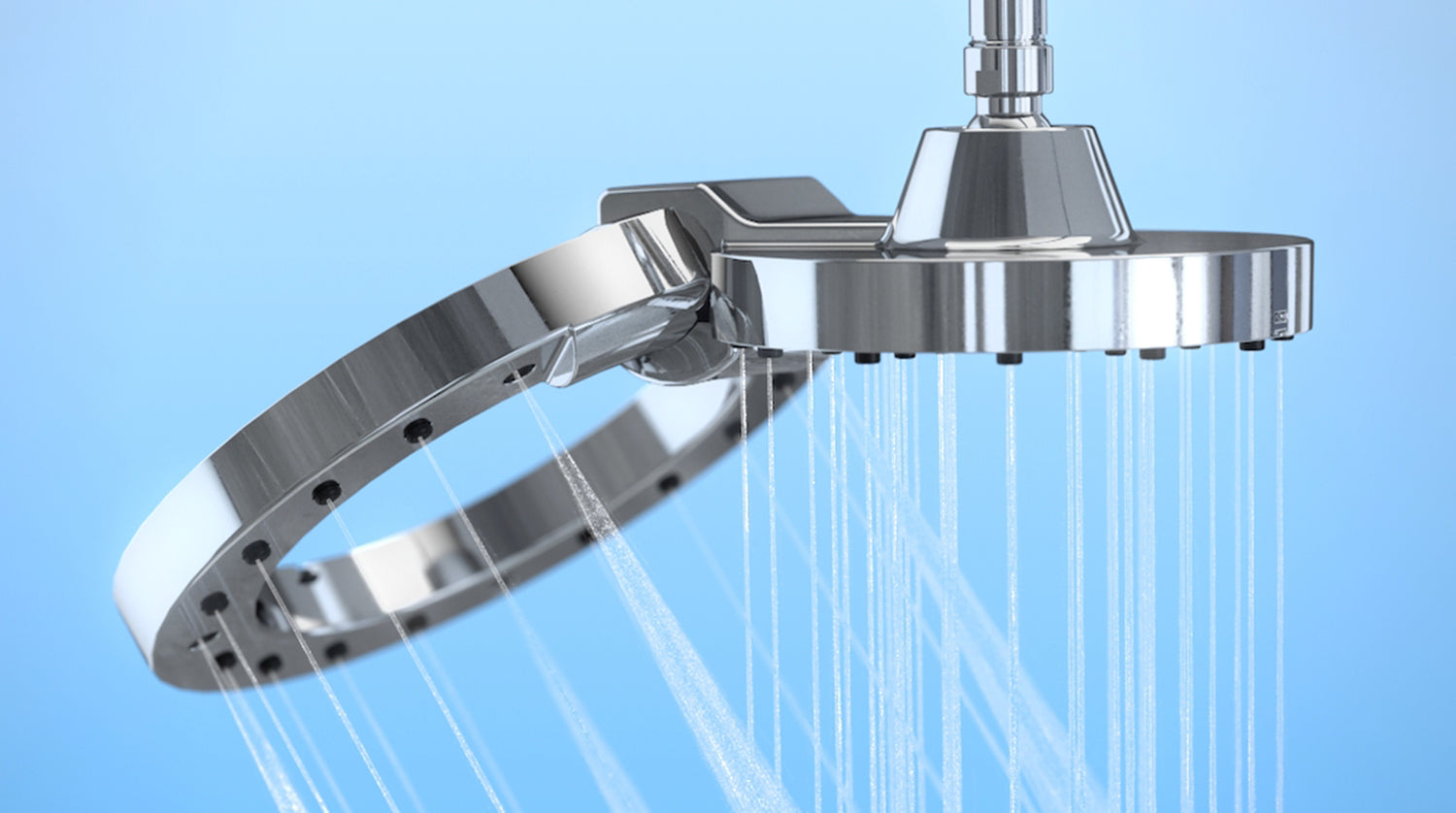 An image showing water coming out of the shower head, showing that it can be tilted and customized.