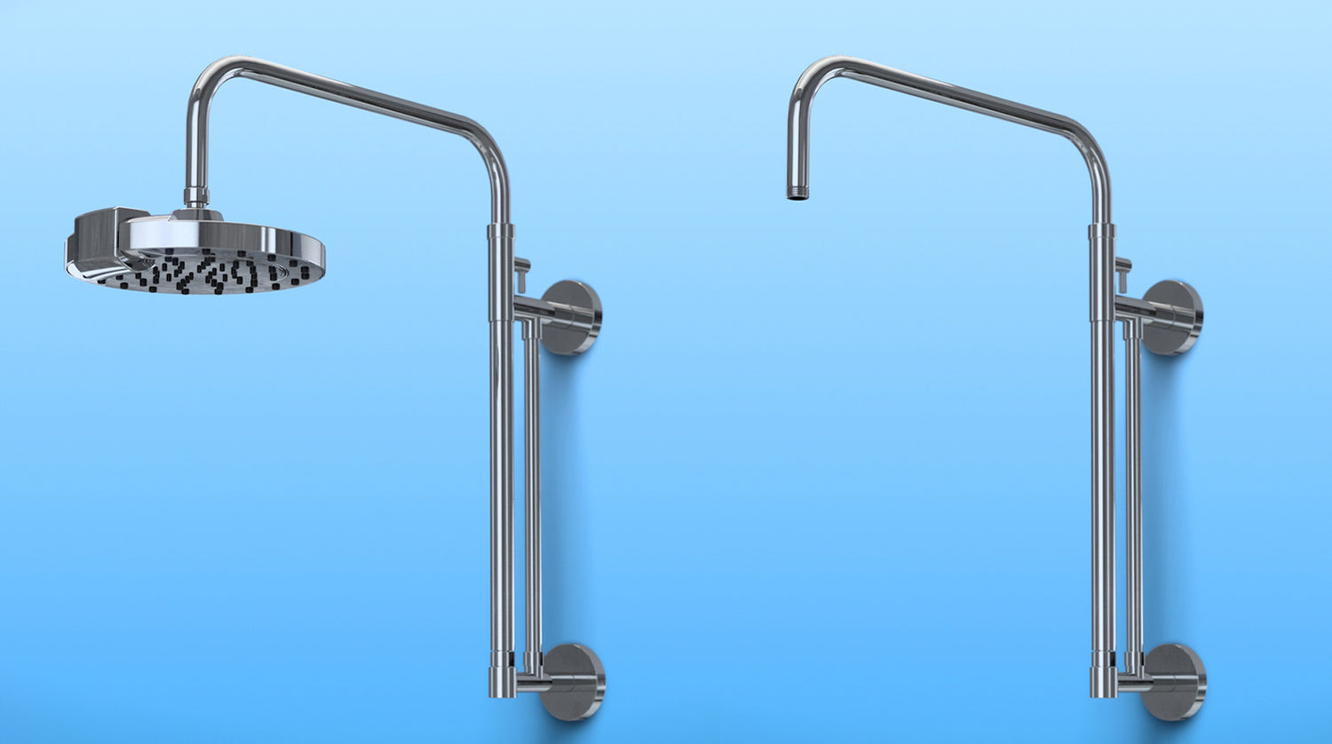 Showing the shower head and the shower arm side by side, letting you know you can customize your experience.