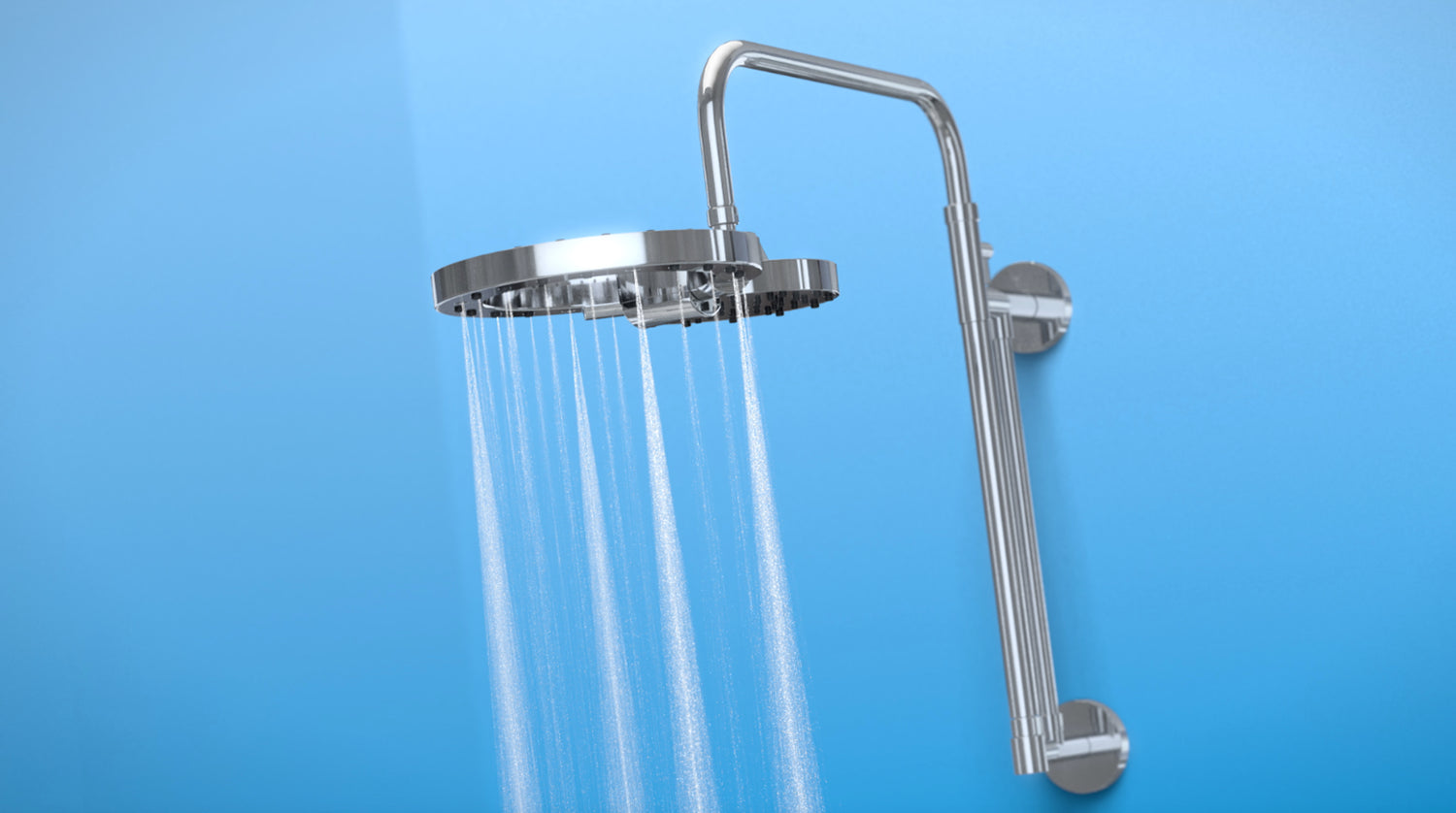Water coming out of the shower head, showing that it can be customized by adjusting the height of the shower arm.