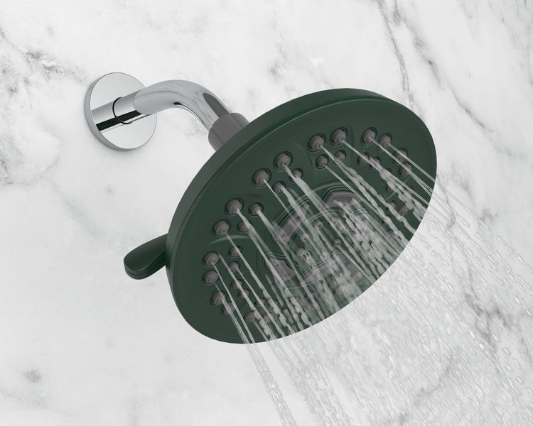 Raw Green (Ocean Plastic) shower head with water flowing out. Made with up to 35% recycled nearshore ocean plastic.