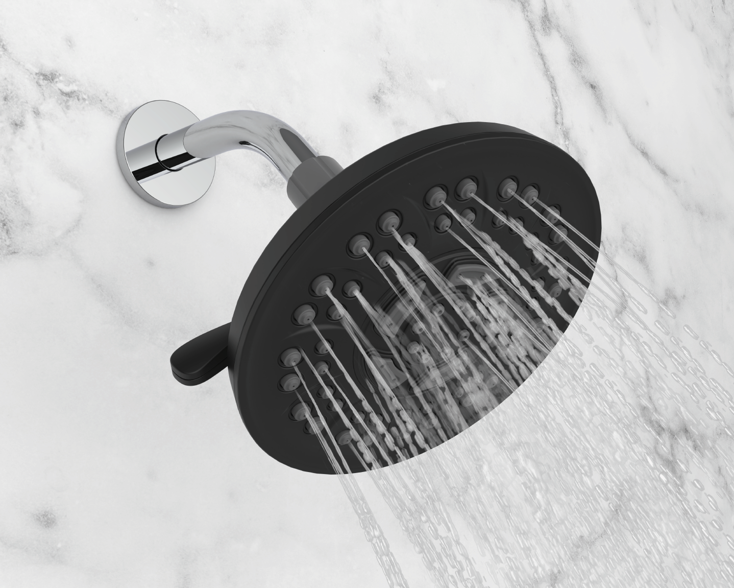 Matte Black (Ocean Plastic) shower head with water flowing out. Made with up to 25% recycled nearshore ocean plastic.