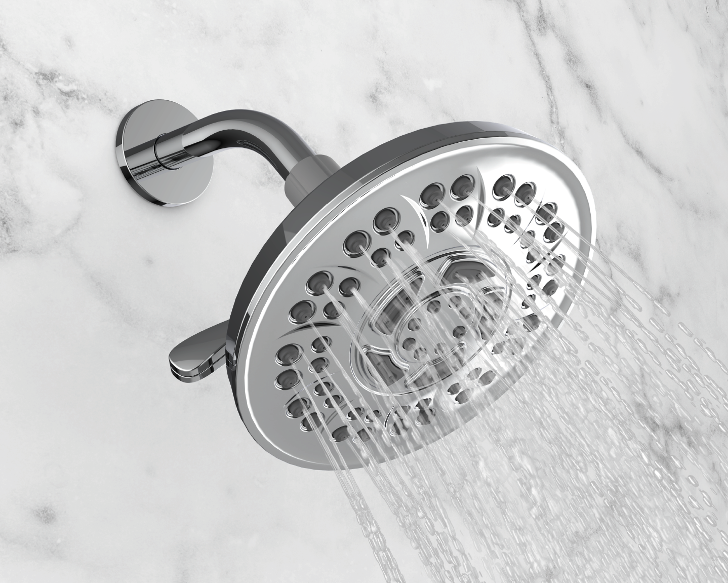 Chrome (Metallic Finish) shower head with water flowing out. Made with up to 10% recycled nearshore ocean plastic.