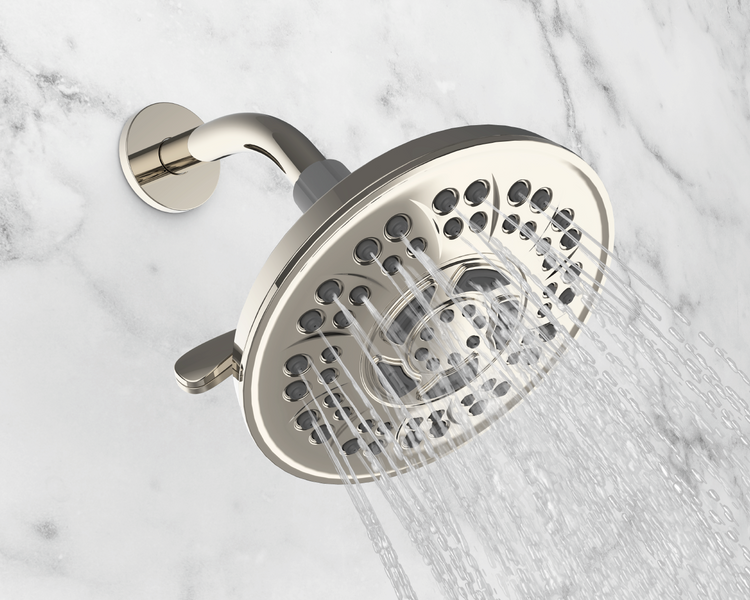 Brushed Nickel (Metallic Finish) shower head with water flowing out. Made with up to 10% recycled nearshore ocean plastic.
