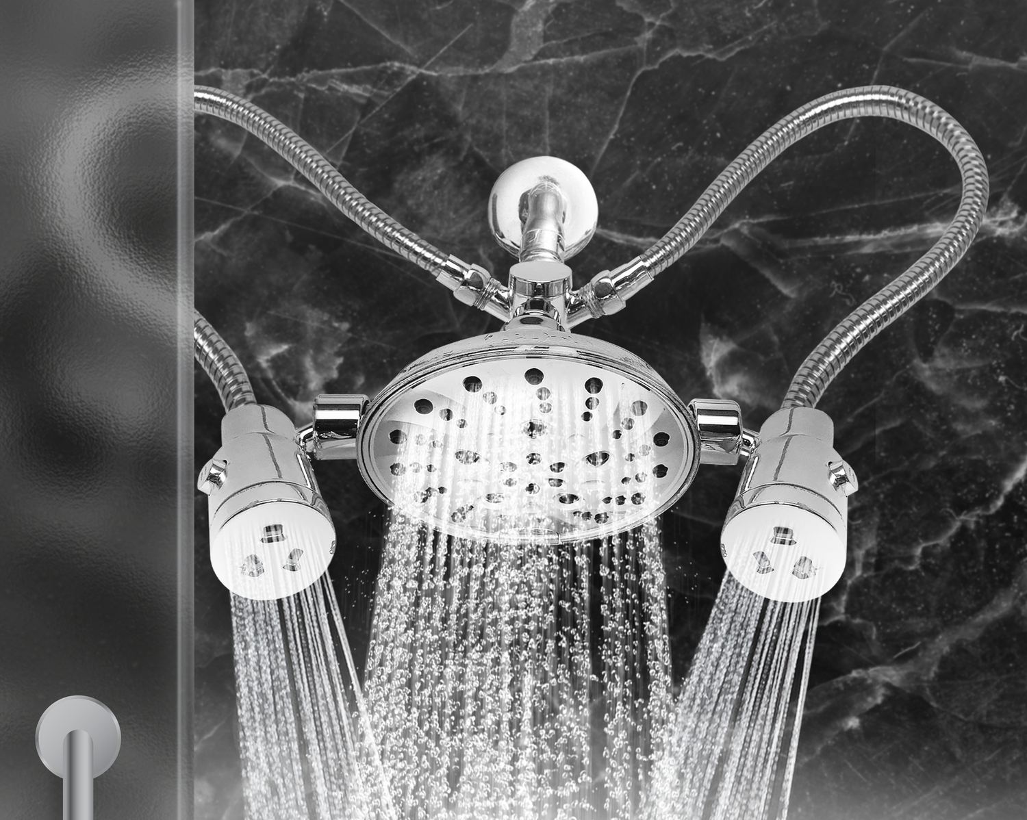 Embody: Omni-Angle Water Massage Chrome Shower Head behind frosted glass shower door