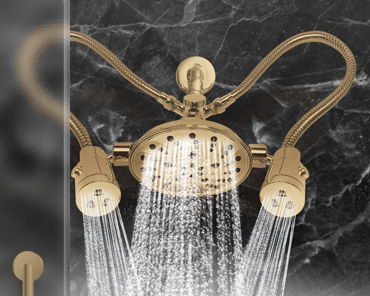 Embody: Omni-Angle Water Massage Gold Shower Head behind frosted glass shower door