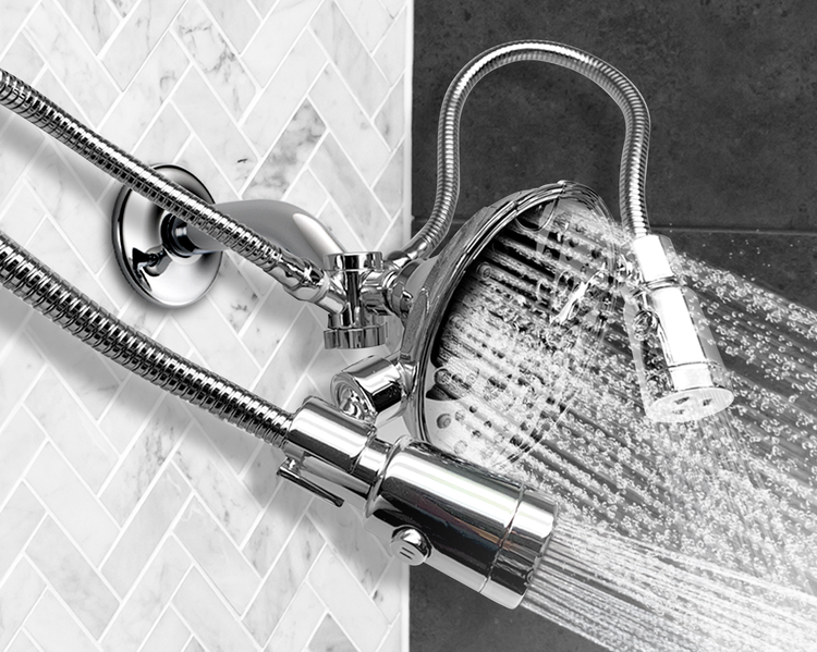 Embody: Omni-Angle Water Massage Chrome Shower Head three-quarter view