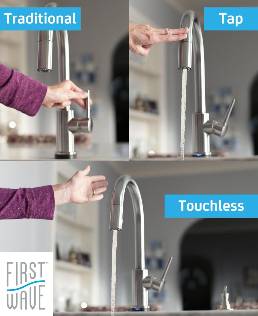 Visual showing the faucets traditional, tap and touchless operating options.