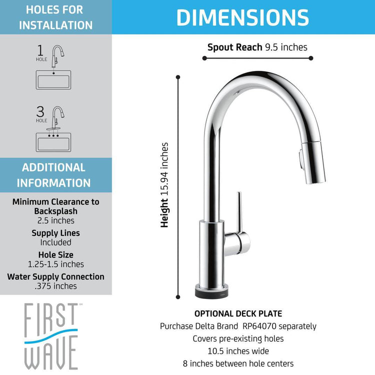 Faucet dimensions – Spout reach is 9.5 inches. Height is 15.94 inches.