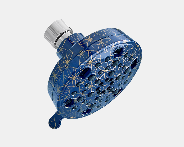 Navy Medallions colored shower head close-up
